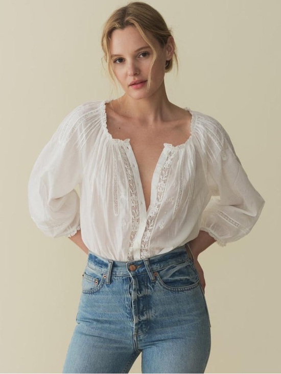 Doen Tops - DOEN Abigail Top Women's White Lace-Trim Peasant Blouse